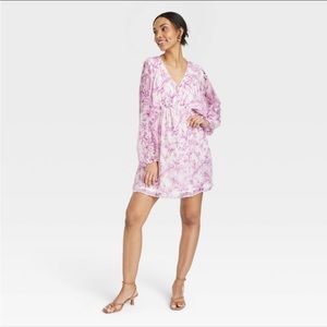 A New Day long sleeve mini dress cream/purple floral